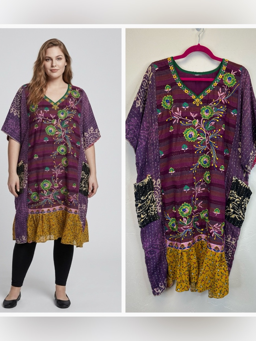 Boho Floral V-Neck Purple Tunic Dress Plus Size Embroidered Pockets Ruffle Hem